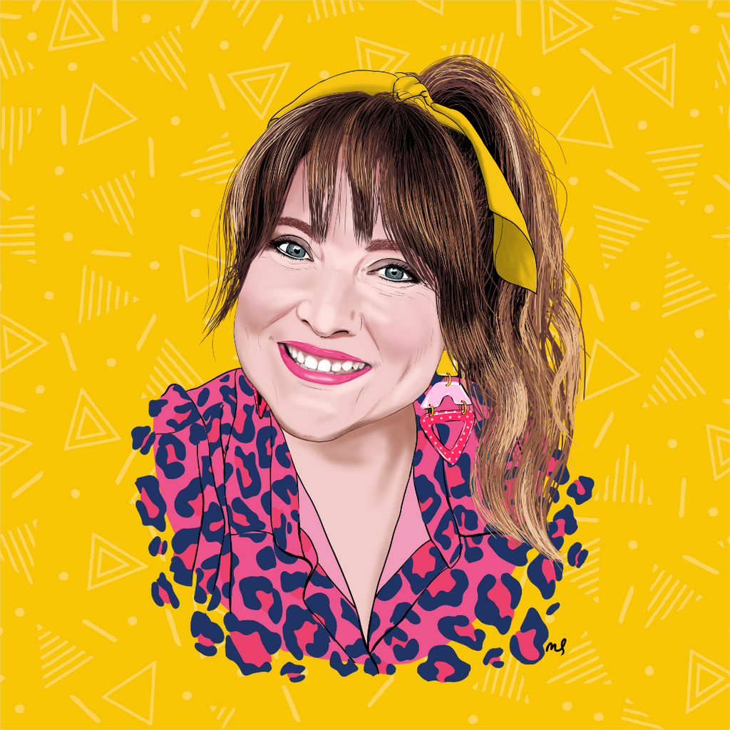 Digital art portrait of Mel, handmade earring maker at Bomb Trinkety. Mel is smiling, wearing a hot pink leopard print top, ponytail with yellow ribbon and large funky earrings. Portrait is on a yellow, patterned background.