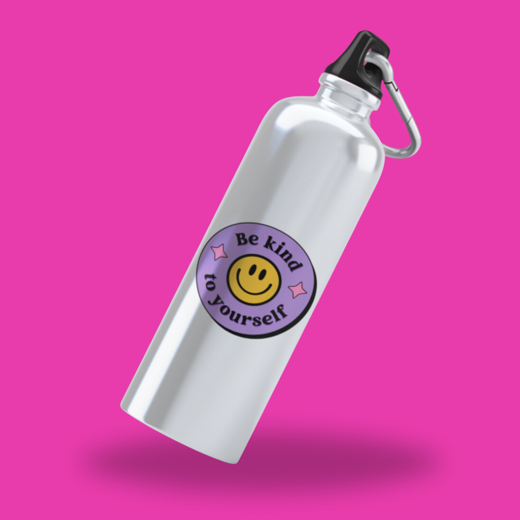 Retro, colourful Be Kind to Yourself vinyl sticker on drink bottle - waterproof and UV resistant for indoor and outdoor use.
