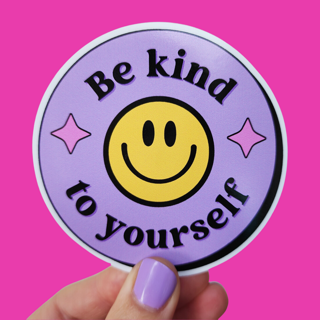 Retro, colourful Be Kind to Yourself vinyl sticker - waterproof and UV resistant for indoor and outdoor use.