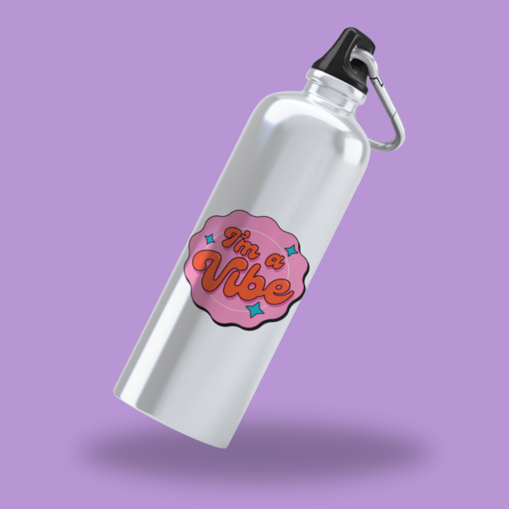 Retro, colourful I'm a Vibe vinyl sticker on drink bottle - waterproof and UV resistant for indoor and outdoor use.