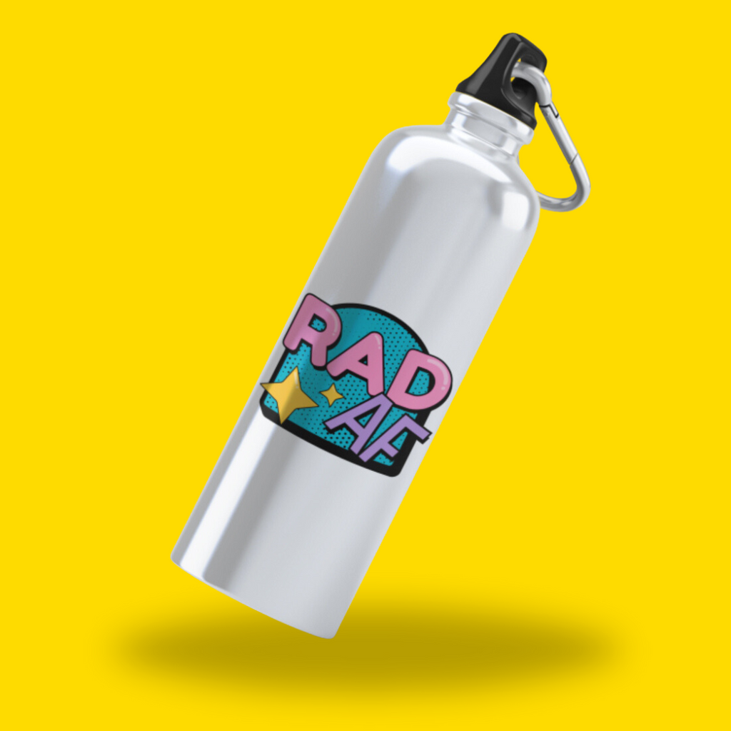 Retro, colourful Rad AF vinyl sticker on drink bottle - waterproof and UV resistant for indoor and outdoor use.