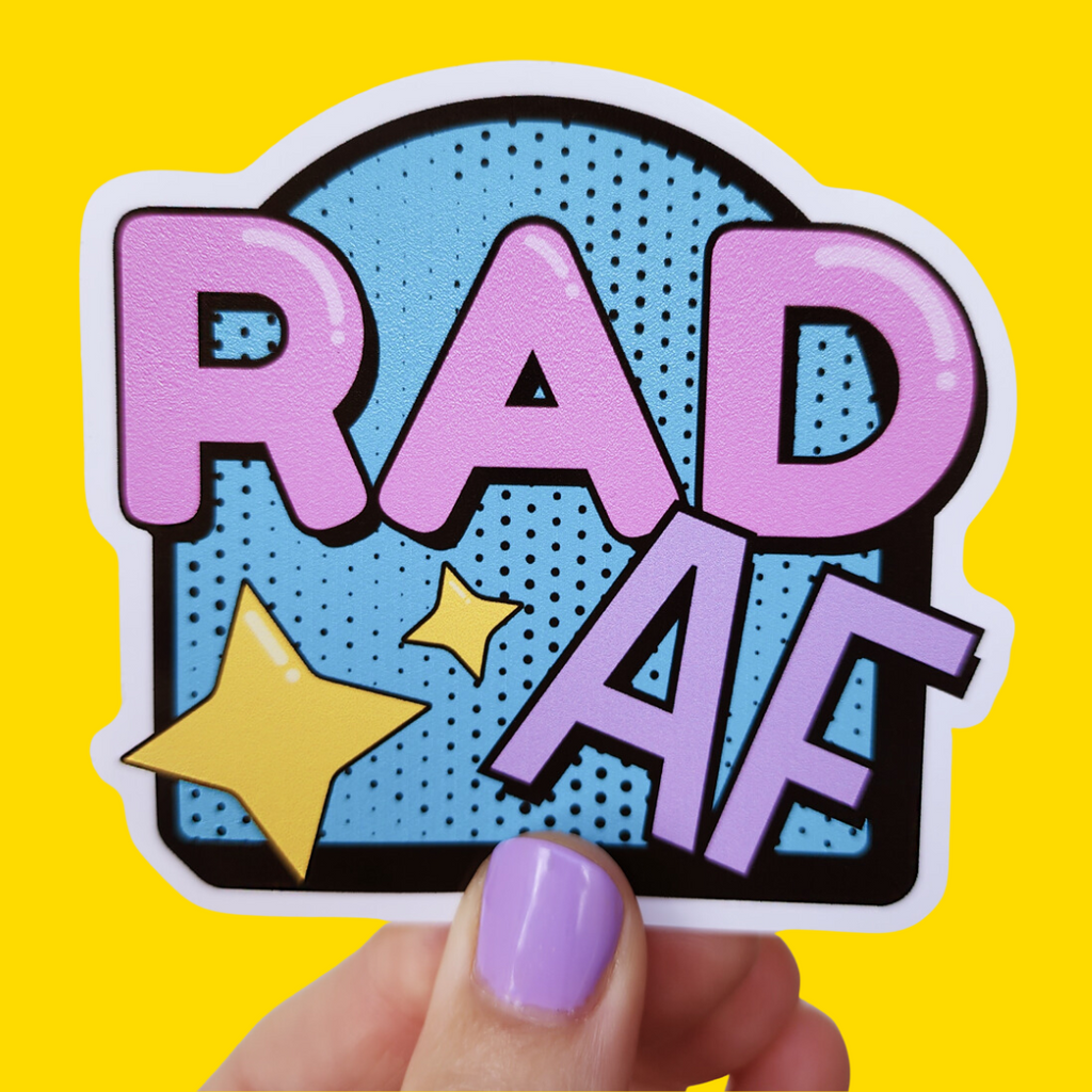 Retro, colourful Rad AF vinyl sticker - waterproof and UV resistant for indoor and outdoor use.