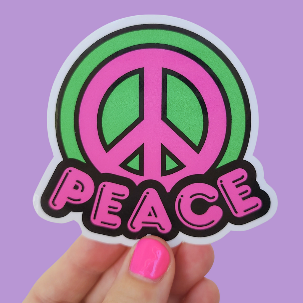 Retro, colourful Peace vinyl sticker - waterproof and weather resistant for indoor and outdoor use.