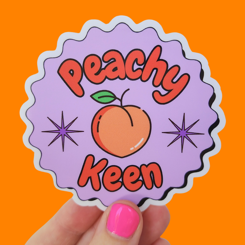Retro, colourful Peachy Keen vinyl sticker - waterproof and weather resistant for indoor and outdoor use.